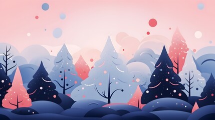 Christmas winter pink and blue forest, new year card