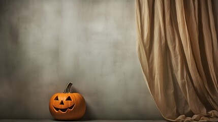 Jack-o-Lantern and Curtain: A Spooky Halloween Photo with a Gray Background Generative AI
