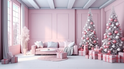 3D Rendering Christmas interior, Bright color. Generative Ai
