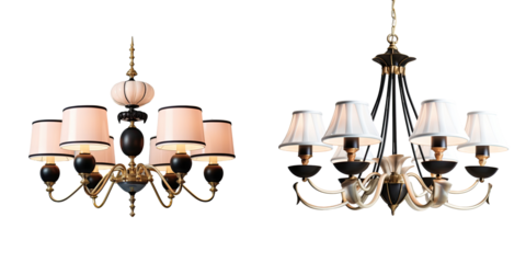 transparent background contrasting with gold chandelier and white shades