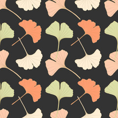 Vector botanical seamless pattern with delicate leaves of Ginkgo biloba on a dark gray background. Pattern for textiles, wrapping paper, wallpaper, covers, backgrounds.