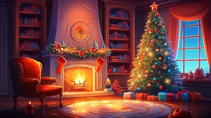 Festive interior with decorated Christmas tree and fireplace, Bright color. Generative Ai