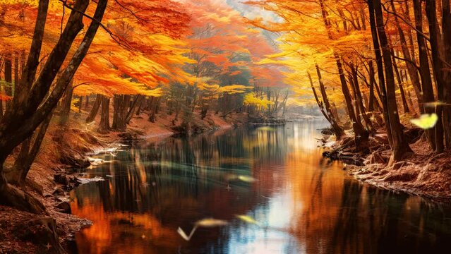 Amidst autumn's peak, the forest blazes with fiery hues, mirrored in the river's tranquil surface Warm nostalgia flutters with each butterfly's wing, reflective waters
