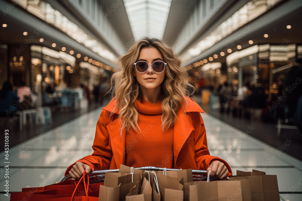 Wall mural woman doing shopping in shopping center with cart and bags