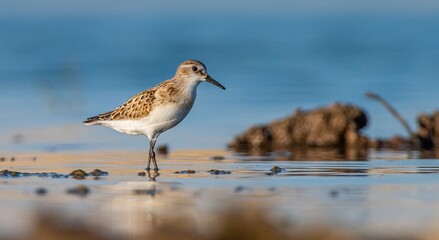 Little Stint (Calidris minuta) is a wetland bird that lives in the northern parts of the European and Asian continents. It feeds in swampy areas.