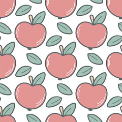 Hand drawn red apples and leaves seamless pattern. Ripe fruit background. Healthy organic food print for textile, wallpaper, paper and design, vector illustration