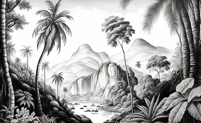 wallpaper tropical jungle with valleys, mountains, trees and palms in a landscape vintage black and white sketch illustration, Generative AI
