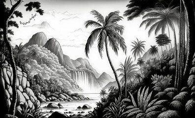 wallpaper tropical jungle with valleys, mountains, trees and palms in a landscape vintage black and white sketch illustration, Generative AI