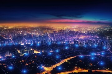 Obraz premium Smart city and big data connection technology, abstract line connection on night city background, communication network concept, Data storage, service, online, financial, Connectivity global