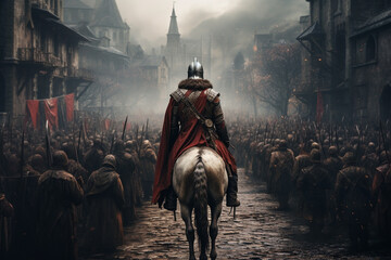 rear view of medieval knight mounted on horse towards battle - obrazy, fototapety, plakaty