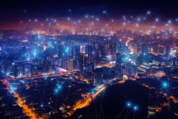 Fototapeta premium Smart city and big data connection technology, abstract line connection on night city background, communication network concept, Data storage, service, online, financial, Connectivity global