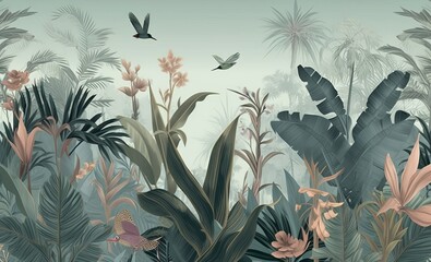 sky wallpaper palm tropical forest vintage jungle pattern with birds, Generative AI