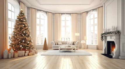 Stylish room interior with beautiful Christmas tree and decorative fireplace. Generative Ai