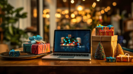Application on laptop screen for online shopping for Christmas gifts on Cyber Monday, web banner