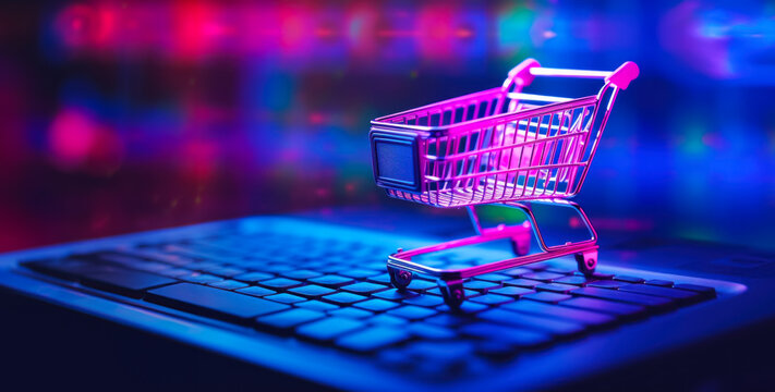 Shopping cart stands on keyboard, banner idea for Cyber Monday, online shopping
