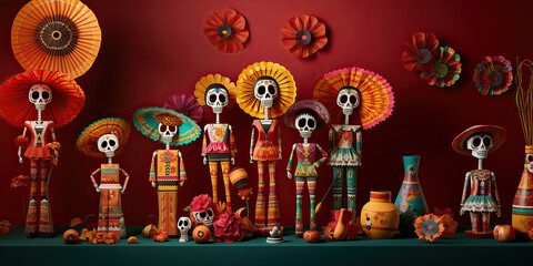 family skull decorations to celebrate day of the dead mexican holiday