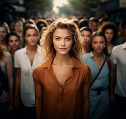 Obraz premium A woman distinctly looking at the camera amidst a large crowd of diverse people
