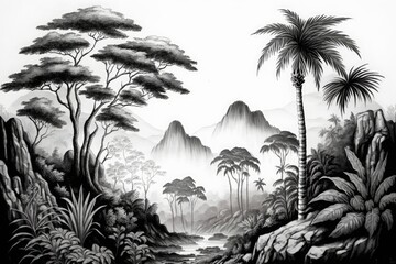 wallpaper tropical jungle with valleys, mountains, trees and palms in a landscape vintage black and white sketch illustration, Generative AI