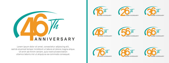 set of anniversary logo yellow color number and green swoosh on white background for celebration