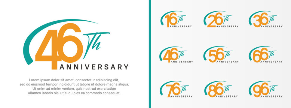set of anniversary logo yellow color number and green swoosh on white background for celebration