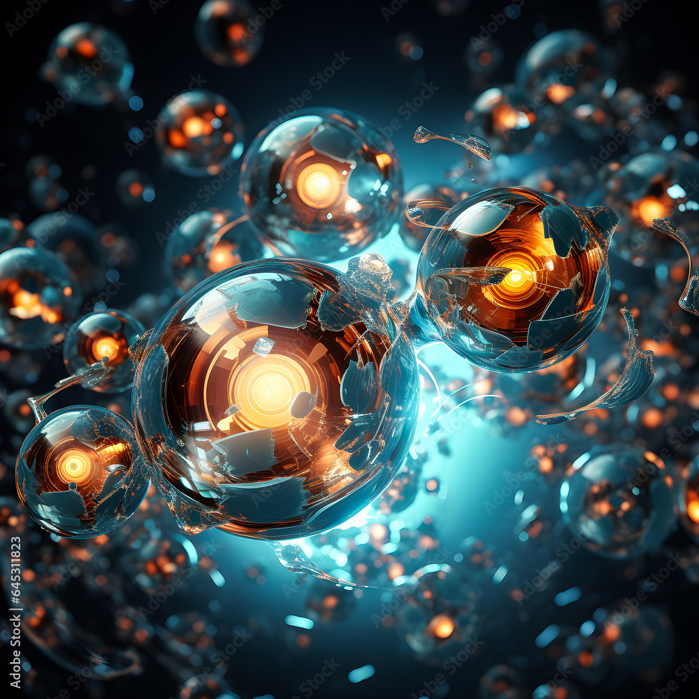 Poster 3d illustration of a transparent metaball with a huge number of parts on a black background. digital