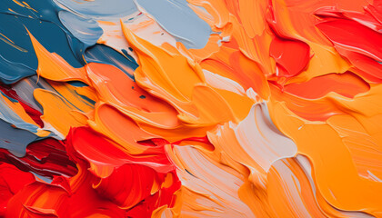 Abstract acrylic paint in orange, blue and red color palette. Colorful wallpaper texture for branding. Vibrant background with bold colors. - obrazy, fototapety, plakaty