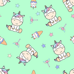 Cute cartoon unicorn, seamless pattern, decorative element on green background. baby fabric design, wallpaper, gift wrapping paper