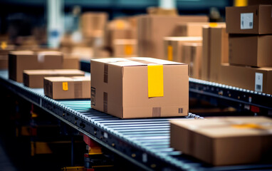 Warehouse of multiple cardboard box packages moving on a conveyor. Delivery products. Parcel office.
