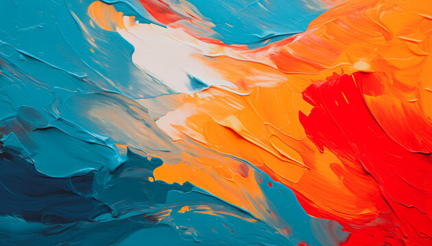 Abstract acrylic paint in orange, blue and red color palette. Colorful wallpaper texture for branding. Vibrant background with bold colors.