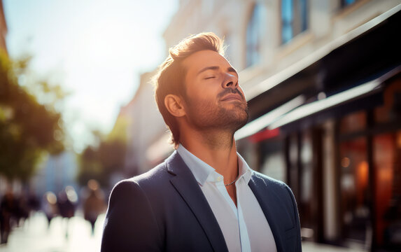 Business Man Breathing Deep In The City. Brown Haired Man Taking A Moment To Relax.