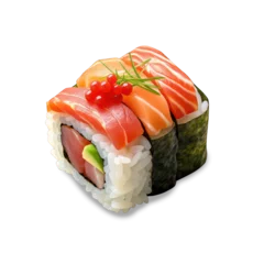 Foto op Plexiglas japanese salmon sushi nigiri maki on isolated transparent background png © Layerform