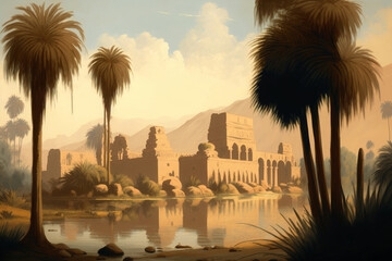 Fototapeta premium landscape painting of palms and trees on the banks of the Nile in ancient Egypt with temples, Generative AI