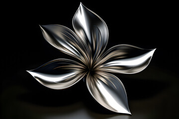 3D illustration of  silver metal  flower with many leaves on a dark background under neon light....