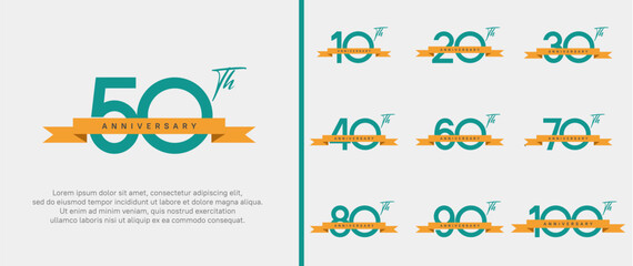 set of anniversary logo green color number and orange ribbon on white background for celebration