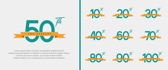 set of anniversary logo green color number and orange ribbon on white background for celebration