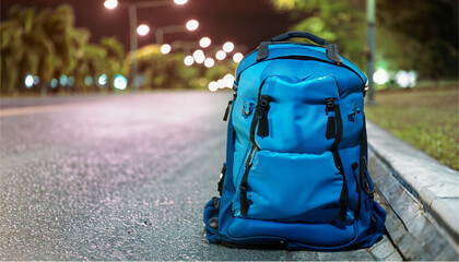 light blue travel backpack placed on back on the road, rain season, autumn leaves, Ai Generate 