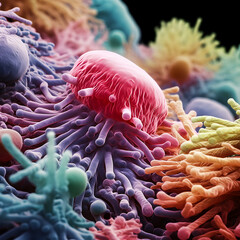 Naklejka na ściany i meble close-up of multi-colored 3D bacteria under a color scanning electron micrograph. Generate Ai