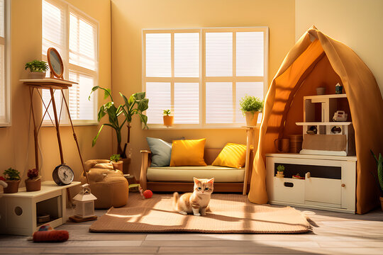 Photorealistic image of a toy-style playroom for a small dollhouse with cute cats, Generate Ai