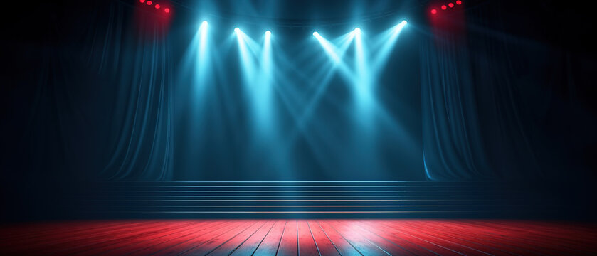 stage and blue smoke night lightning in fog searchlight beams