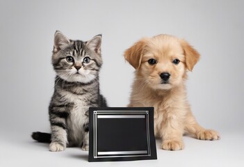 Pug puppy with cat with blank for text. On background, holidays and sales concept