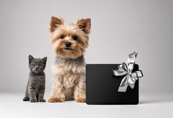 Dog and cat with gift box ribbon bow, on background, happy animals, holidays and sales concept
