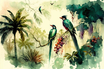 Watercolor painting style, high quality landscape on a tropical forest with trees, palms and branches standing on it, colorful birds and fruits, Generative AI