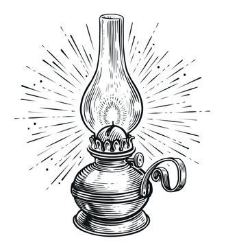 Vintage oil lantern or kerosene lamp with rays of light. Old oil lamp sketch vector illustration engraving style