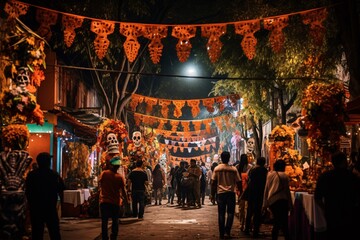 Obraz premium a street in Mexico during Dia de los Muertos, as families gather, faces painted with intricate skull designs, wearing traditional costumes