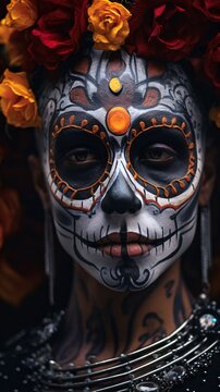 face of a young man, adorned with monochrome skull makeup, a stark contrast to the vivid surroundings of the Dia de los Muertos celebration