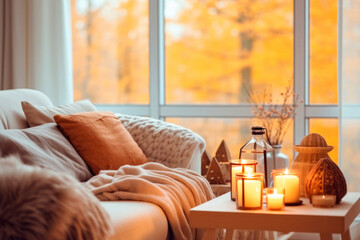 Cozy living room interior in fall palette with autumn flowers and pumpkins decor