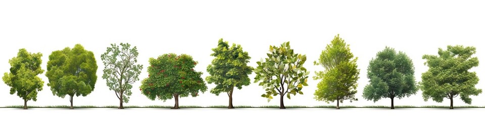 Obraz premium Whispers of woods. Botanical symphony. Nature diversity. Trees in summer splendor. Botanical elegance. Leaves branches and life. Tree on white background isolated