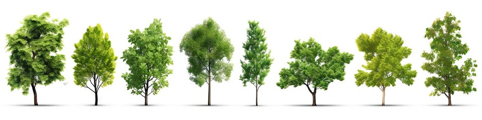 Fototapeta premium Whispers of woods. Botanical symphony. Nature diversity. Trees in summer splendor. Botanical elegance. Leaves branches and life. Tree on white background isolated