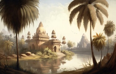digital landscape painting of palm trees and river banks of India with ancient temples, Generative AI