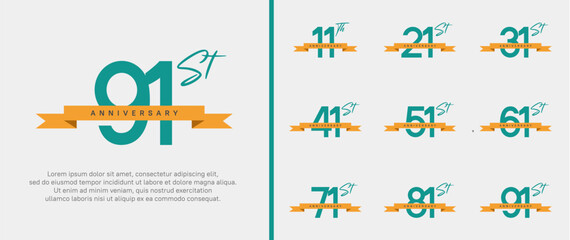 set of anniversary logo green color number and orange ribbon on white background for celebration